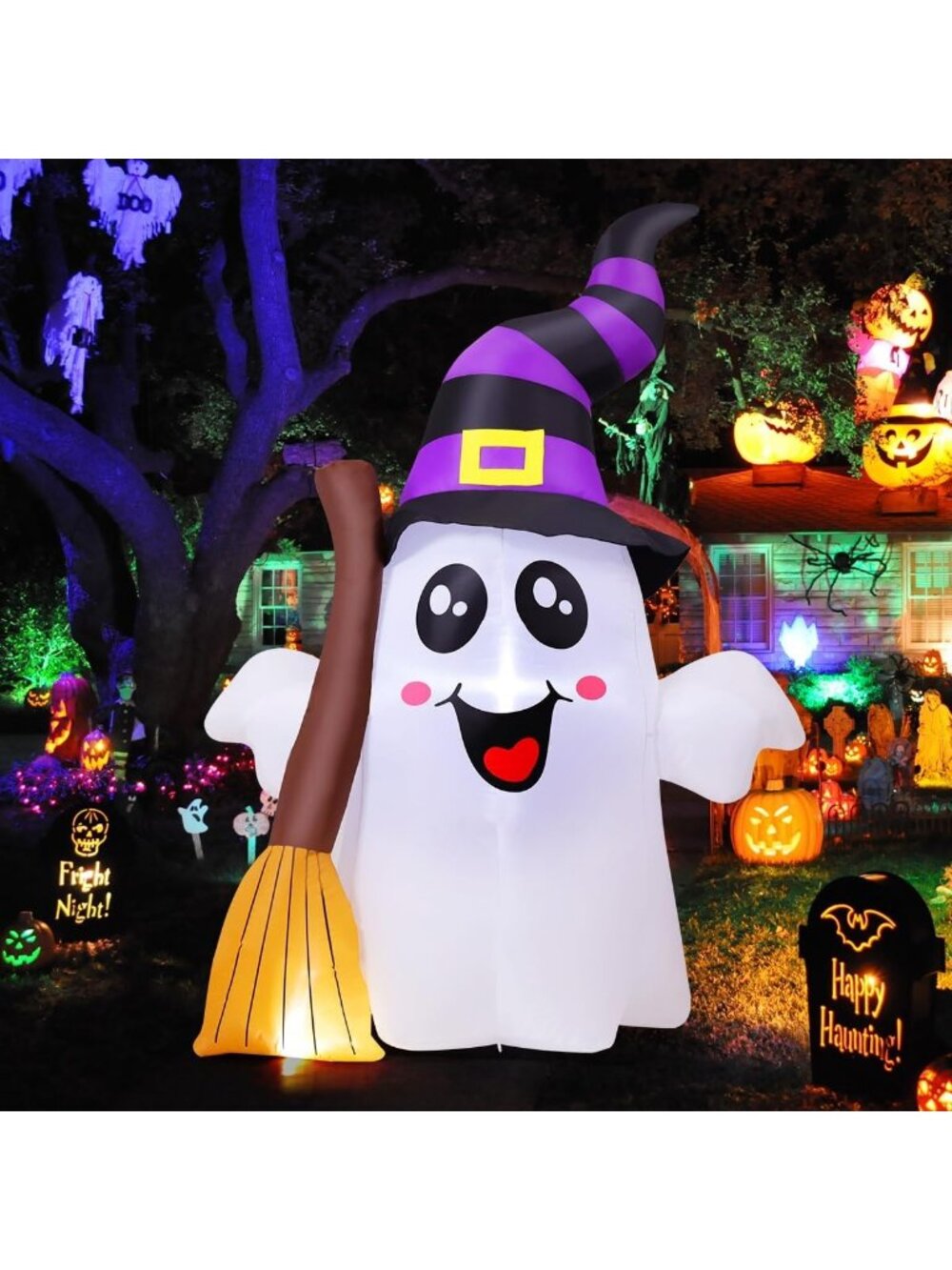 🎃6.2 FT Halloween Inflatables Blow Up Yard Cute Ghost Holding Broom with Build